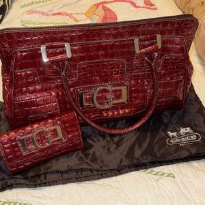 Coach Burgundy Crocodile Embossed Satchel and matching Wallet